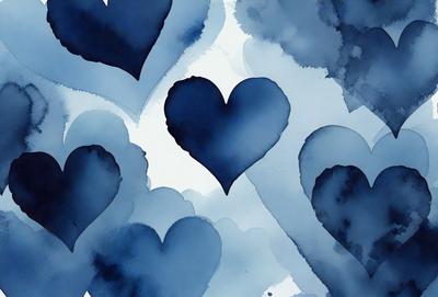 The primary subject of the image is a collection of blue hearts. These hearts are arranged in various positions and sizes, creating a visually appealing and artistic display. The setting is a blue background, which complements the blue hearts and adds to the overall visual style. The hearts are depicted in a digital art or illustration format, giving the image a modern and creative appearance. The dominant colors are blue, which creates a calm and serene atmosphere.