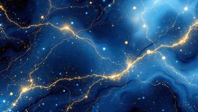 The primary subject of the image is a blue and yellow nebula, which is a cloud of gas and dust in space. The setting is a dark, starry sky, and the visual style is a digital art or illustration. The dominant colors are blue and yellow, creating a vibrant and luminous atmosphere.