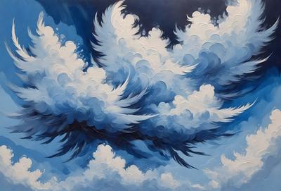 The primary subject of the image is a bird, which is the main focus of the scene. The bird is flying through a cloudy blue sky, creating a sense of freedom and movement. The setting is a vast, open sky, with no visible land or other objects. The visual style of the image is a painting, which adds a sense of artistic expression and creativity to the scene. The colors in the painting are predominantly blue and white, creating a calm and serene atmosphere.