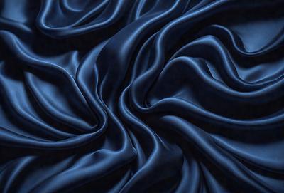 The primary subject of the image is a blue fabric, which appears to be a piece of silk. The setting is a dark background, which contrasts with the blue fabric. The visual style is a close-up of the fabric, showcasing its texture and pattern. The colors and mood of the image are predominantly blue, creating a calm and serene atmosphere.