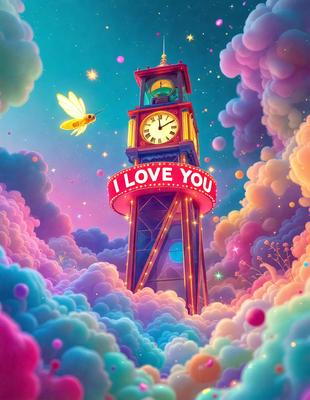 The primary subject of the image is a large clock tower with a heart-shaped sign on top of it. The setting is a colorful, whimsical environment, possibly a fantasy world. The visual style is a combination of digital art and illustration, creating a vibrant and imaginative scene. The colors and mood are predominantly bright and cheerful, with a sense of playfulness and love.