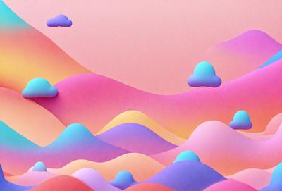 The primary subject of the image is a colorful, abstract landscape featuring a mountain range with clouds. The setting is a pink and purple sky, which adds to the vibrant atmosphere. The visual style is a combination of digital art and illustration, creating a unique and eye-catching design. The dominant colors are pink, purple, and blue, giving the scene a lively and cheerful mood.