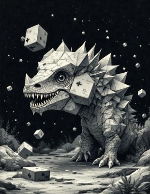 The primary subject of the image is a large, white, and gray dinosaur with a crocodile-like head. The dinosaur is standing on a rocky surface, surrounded by a few small cubes. The setting appears to be a dark, possibly nighttime, environment. The visual style of the image is a combination of digital art and illustration, creating a unique and intriguing scene. The colors and mood of the image are dark and mysterious, with the dinosaur's presence adding an element of danger and fascination.