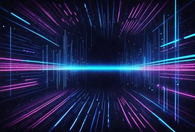The primary subject of the image is a brightly colored, neon-lit tunnel. The setting is a dark background, which contrasts with the vibrant colors of the tunnel. The visual style is a digital art or illustration, creating a futuristic and dynamic atmosphere. The dominant colors are purple, blue, and pink, which contribute to the overall mood of the image.