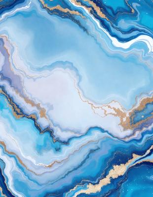 The primary subject of the image is a blue and white painting featuring a swirling design. The setting is a blue background, and the visual style appears to be a digital art or illustration. The dominant colors are blue and white, creating a calm and serene atmosphere.