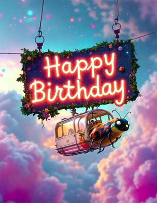 Happy Birthday: [The main object, scene, or focus of the image is a birthday sign with a train on it, hanging from a string. The setting is a cloudy sky, and the visual style is digital art. The dominant colors are pink and blue, and the overall atmosphere is cheerful and celebratory.]