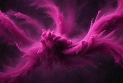 The primary subject of the image is a pink, purple, and white splash of paint, which appears to be a digital art or illustration. The setting is a dark background, which contrasts with the vibrant colors of the splash. The visual style suggests a creative and artistic approach to the image. The dominant colors and overall atmosphere convey a sense of energy, movement, and artistic expression.