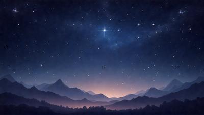 The primary subject of the image is a nighttime scene featuring a mountain range with a starry sky above. The setting is a mountainous landscape, and the visual style is a painting or drawing. The colors and mood of the image are predominantly dark and moody, with the starry sky adding a touch of brightness and tranquility to the scene.