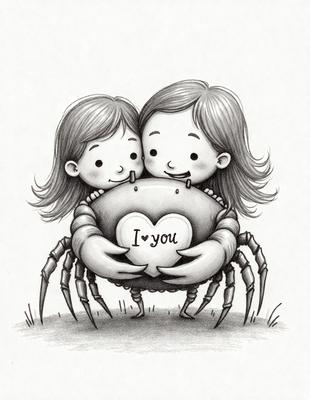 The image features two little girls hugging each other, with one of them holding a heart-shaped balloon. The heart is placed on the spider's back, creating a playful and whimsical scene. The girls are positioned in the center of the image, and the heart-shaped balloon is located towards the right side of the scene. The overall atmosphere of the image is light-hearted and fun.
