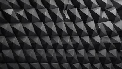 The primary subject of the image is a black and white patterned surface, which appears to be a wall or a piece of artwork. The setting is a dark room, and the visual style is a close-up of the patterned surface. The colors and mood of the image are predominantly black and white, creating a sense of depth and contrast.
