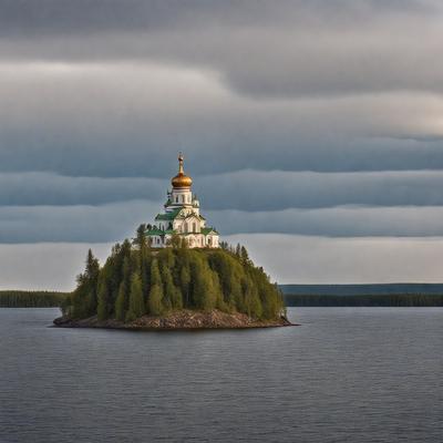 The primary subject of the image is a large, green island with a church on top of it. The island is surrounded by water, and the sky above it is cloudy. The setting appears to be a serene and peaceful environment, with the church tower standing tall against the backdrop of the cloudy sky. The visual style of the image is a photo, capturing the beauty of the island and its surroundings. The colors in the image are predominantly green, with the island and the church tower being the main focus, creating a calm and serene atmosphere.