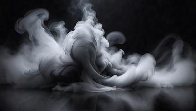 The primary subject of the image is a large, swirling cloud of smoke. The setting is a dark room, and the visual style appears to be a combination of a photo and digital art. The dominant colors are black and white, creating a dramatic and moody atmosphere.