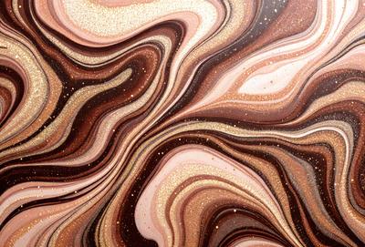 The primary subject of the image is a close-up of a marbled surface, which appears to be a patterned wallpaper or a textured material. The setting is indoors, with the surface being the main focus of the image. The visual style is a close-up, which emphasizes the intricate details of the marbled surface. The colors and mood of the image are predominantly brown and gold, giving it a warm and earthy atmosphere.