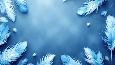 The primary subject of the image is a blue background with white feathers floating in the air. The visual style appears to be a digital art or illustration, as the feathers are depicted in a detailed and artistic manner. The colors and mood of the image are predominantly blue and white, creating a serene and calming atmosphere.