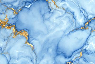 The primary subject of the image is a blue marble surface with gold accents. The setting is a blue and white marble wall, which serves as the background. The visual style is a combination of photo and digital art, creating a unique and intricate design. The dominant colors are blue and gold, giving the image a calm and sophisticated atmosphere.