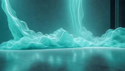 The primary subject of the image is a flowing, blue, and white dress. The dress is flowing and appears to be made of silk. The setting is a room with a white floor, and the visual style is a digital art or illustration. The colors and mood of the image are predominantly blue and white, creating a serene and elegant atmosphere.