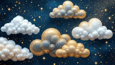 The primary subject of the image is a collection of clouds, which are depicted in various shapes and sizes. The clouds are set against a dark blue sky, creating a striking contrast. The visual style of the image is digital art, as it appears to be a painting or drawing created using digital tools. The colors and mood of the image are predominantly dark and moody, with the clouds and sky serving as the main focus.