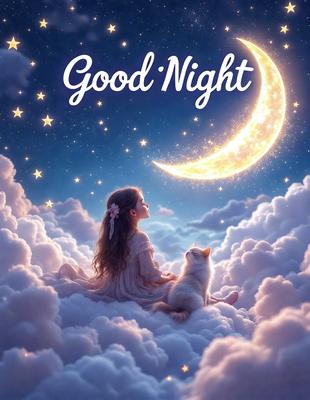 The primary subject of the image is a young girl sitting on a cloud. The setting is a whimsical, dreamy environment with clouds and a moon in the background. The visual style is a digital art or illustration, creating a surreal and imaginative atmosphere. The colors are predominantly soft and pastel, with the girl's dress and the cat's fur being white. The overall mood is one of innocence, wonder, and a sense of magic.