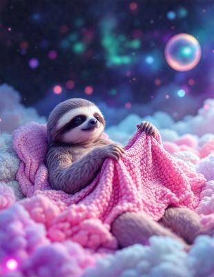 The image features a cute, pink, and white sloth sitting on a pink surface, which appears to be a knitted or crocheted blanket. The sloth is holding a pink ball in its hands, creating a cozy and playful scene. The setting is a space with a backdrop of a starry sky, adding a sense of wonder and whimsy to the scene. The visual style is a combination of photo and digital art, creating a unique and charming image. The colors and mood are predominantly pink and white, evoking feelings of warmth, comfort, and innocence.