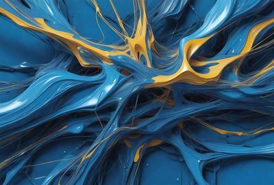 The primary subject of the image is a blue and yellow painting or digital artwork. The setting is a blue background, and the visual style appears to be a combination of photo and digital art. The colors and mood of the image are vibrant and lively, with the blue and yellow colors creating a sense of energy and movement.