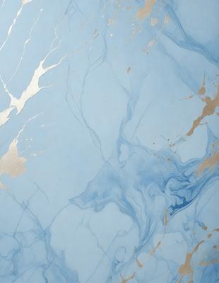 The primary subject of the image is a blue marble wall with a pattern of gold streaks. The setting is a room with a blue background, and the visual style appears to be a combination of a photo and digital art. The dominant colors are blue and gold, creating a serene and elegant atmosphere.