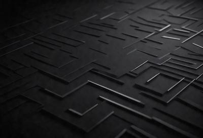 The primary subject of the image is a black and white patterned surface, which appears to be a black tile or a black and white checkered floor. The setting is a dark room, and the visual style is a close-up of the patterned surface. The colors and mood of the image are predominantly dark and moody, with the black and white pattern creating a sense of depth and contrast.
