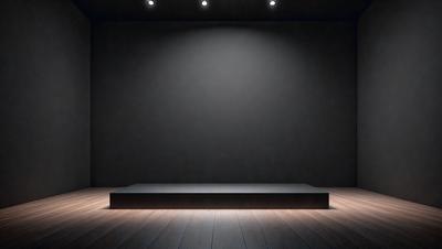 The primary subject of the image is a black stage with a light shining on it. The setting is a dark room, and the visual style is a black and white photo. The colors and mood of the image are predominantly dark and dramatic, creating a sense of mystery and intrigue.
