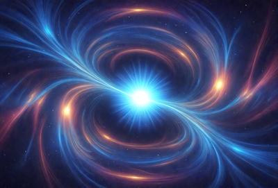 The primary subject of the image is a bright, colorful, and swirling nebula. The setting is a dark, starry sky, and the visual style is a digital art or illustration. The dominant colors are blue, orange, and white, creating a vibrant and energetic atmosphere.