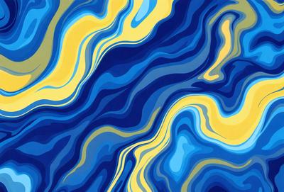 The primary subject of the image is a blue and yellow swirling pattern, which appears to be a digital art or illustration. The setting is a blue background, and the visual style suggests that it is a digital artwork or a painting. The dominant colors in the image are blue and yellow, creating a vibrant and lively atmosphere.