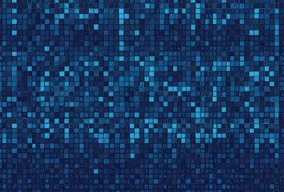 The primary subject of the image is a blue, pixelated background with a pattern of blue squares. The setting is a digital art or illustration, creating a visually appealing and unique design. The visual style is a mix of digital art and a blue mosaic pattern, giving the image a distinctive and modern appearance. The colors and mood of the image are predominantly blue, creating a calm and serene atmosphere.