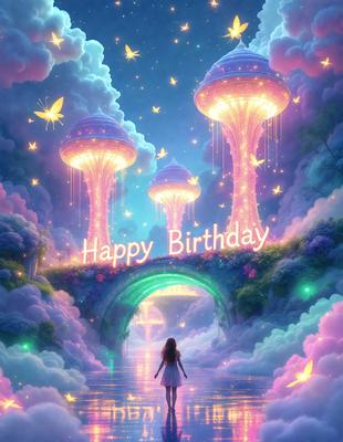 The primary subject of the image is a girl walking through a magical, colorful, and whimsical birthday celebration. The setting is a fairy tale-like environment with a rainbow-colored sky, and the visual style is a digital art or illustration. The colors and mood of the image are vibrant, lively, and joyful, creating a sense of wonder and excitement.
