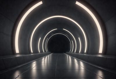 The primary subject of the image is a long, narrow tunnel with a bright light illuminating it. The setting is a dark, enclosed space, and the visual style appears to be a photo. The colors and mood of the image are predominantly dark, with the bright light creating a contrasting effect.