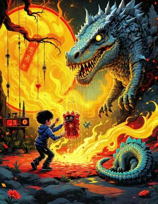 The primary subject of the image is a boy standing in front of a large, fire-breathing dragon. The setting is a dark, possibly magical, environment, with the boy and the dragon being the main focus of the scene. The visual style appears to be a digital art or illustration, with the dragon and the boy being the main elements of the image. The colors and mood of the image are dark and dramatic, with the fire-breathing dragon creating a sense of danger and excitement.
