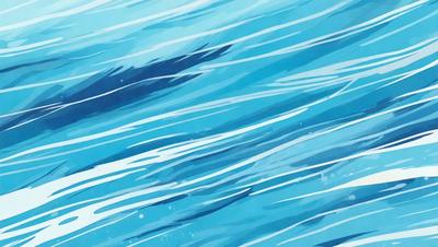 The primary subject of the image is a blue ocean with waves. The setting is a vast body of water, and the visual style is a watercolor painting. The colors and mood of the image are predominantly blue, creating a serene and calming atmosphere.