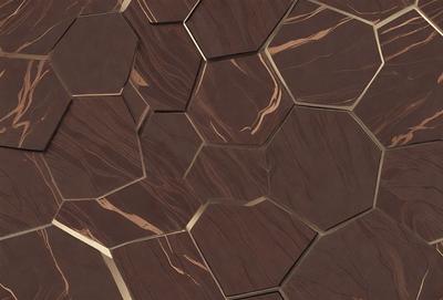 The primary subject of the image is a close-up of a marble tile with a unique pattern. The setting is a wall, and the visual style appears to be a photo. The colors in the image are predominantly brown, giving it a warm and natural atmosphere.