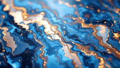 The primary subject of the image is a blue and gold patterned surface, which appears to be a piece of art or a decorative item. The setting is a dark blue background, which contrasts with the gold and blue pattern. The visual style of the image is a combination of photo and digital art, creating a unique and eye-catching design. The colors and mood of the image are predominantly blue and gold, with a sense of elegance and sophistication.