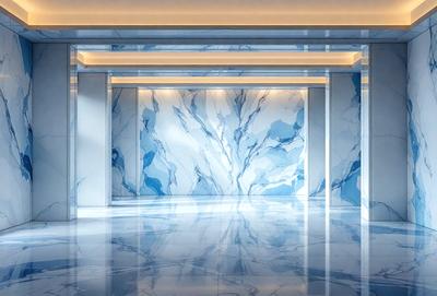 The primary subject of the image is a large, white marble wall with a blue and white marble design. The setting is a room with a white floor, and the visual style appears to be a photo of the marble wall. The colors and mood of the image are predominantly white and blue, creating a clean and elegant atmosphere.