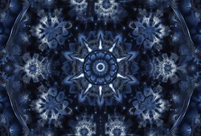 The primary subject of the image is a blue and white patterned design, which appears to be a digital art or illustration. The setting is a blue background, and the visual style is a combination of digital art and illustration. The colors and mood of the image are predominantly blue and white, creating a calm and serene atmosphere.