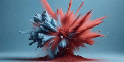 The primary subject of the image is a large, colorful explosion, likely a digital art or illustration, with a red and blue color scheme. The setting is a blue background, which contrasts with the vibrant colors of the explosion. The visual style suggests a creative and dynamic representation of the explosion. The overall atmosphere is energetic and captivating, as the explosion appears to be the main focus of the image.