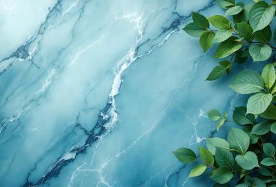 The primary subject of the image is a blue marble countertop with a green leaf on it. The setting is a kitchen or bathroom environment, with the countertop being the main focus. The visual style is a photo, capturing the natural beauty of the marble and the leaf. The dominant colors are blue and green, creating a calm and soothing atmosphere.