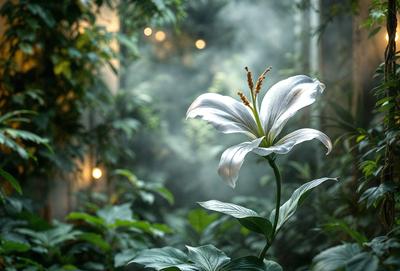 The primary subject of the image is a white flower, likely a lily, with a long stem and a single petal. The flower is situated in a lush green forest, surrounded by a variety of plants and trees. The visual style of the image is a close-up of the flower, emphasizing its beauty and details. The colors in the image are predominantly green, with the white flower standing out as the focal point. The overall atmosphere of the image is serene and natural, showcasing the beauty of the flower in its natural habitat.