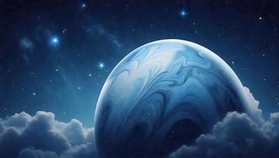 The primary subject of the image is a blue planet, which appears to be a painting or digital art. The setting is a night sky, with the planet being the main focus of the scene. The visual style is artistic, and the colors are predominantly blue, creating a serene and peaceful atmosphere.