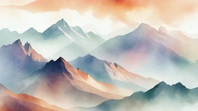 The primary subject of the image is a mountain range with a colorful, artistic background. The setting is a mountainous landscape, and the visual style is a combination of photo and digital art. The colors and mood of the image are vibrant and lively, with a sense of depth and dimension.