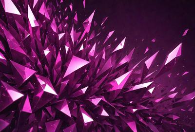 The primary subject of the image is a large, purple, geometric shape with multiple triangular shapes. The setting is a dark background, which contrasts with the bright purple color of the geometric shape. The visual style is a combination of digital art and illustration, creating a unique and eye-catching design. The dominant colors are purple and pink, giving the image a vibrant and lively atmosphere.