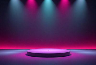 The primary subject of the image is a large, round, purple light on a stage. The setting is a stage with a purple background, and the visual style is a photo. The colors and mood of the image are predominantly purple, creating a dramatic and artistic atmosphere.