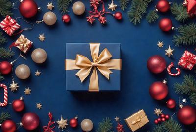 The primary subject of the image is a blue box with a gold bow, which is placed on a blue surface. The setting is a Christmas-themed background, featuring a variety of Christmas ornaments and decorations. The visual style is a combination of photo and digital art, creating a festive and colorful atmosphere. The dominant colors are blue, gold, and red, which are associated with the holiday season.