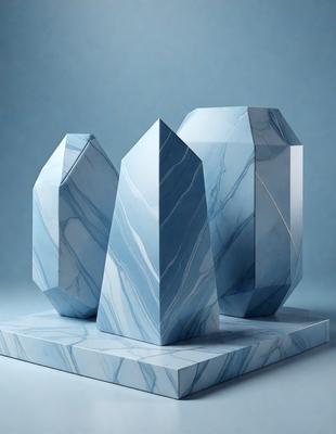 The primary subject of the image is a set of three blue and white marble sculptures. They are placed on a white surface, which serves as the background. The visual style of the image is a photo, capturing the intricate details of the sculptures. The colors and mood of the image are predominantly blue and white, creating a sense of elegance and sophistication.