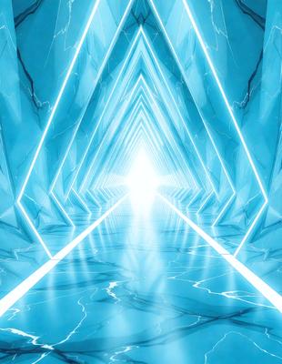 The primary subject of the image is a long, narrow tunnel with a blue light illuminating it. The tunnel appears to be made of glass, giving it a modern and sleek appearance. The setting is a futuristic environment, with the tunnel being the main focus of the scene. The visual style is a combination of digital art and illustration, creating a unique and captivating atmosphere. The dominant colors are blue and white, giving the tunnel a cool and modern feel.