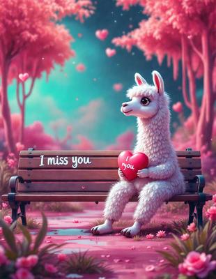 The primary subject of the image is a cute, anthropomorphic lama sitting on a wooden bench. The lama is holding a heart in its hands, creating a warm and affectionate scene. The setting is a pink forest, which adds a vibrant and whimsical touch to the image. The visual style is a combination of digital art and illustration, giving the scene a unique and charming appearance. The colors and mood of the image are predominantly pink, which evokes feelings of love and warmth.