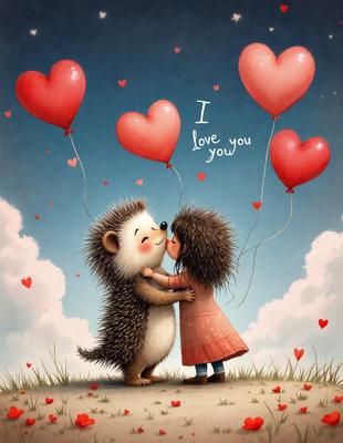 The primary subject of the image is a hedgehog and a girl, who are standing close to each other and holding each other. The setting is a field with a blue sky in the background. The visual style is a digital art illustration, featuring a cute and heartwarming scene. The colors are predominantly pink and red, creating a warm and loving atmosphere.